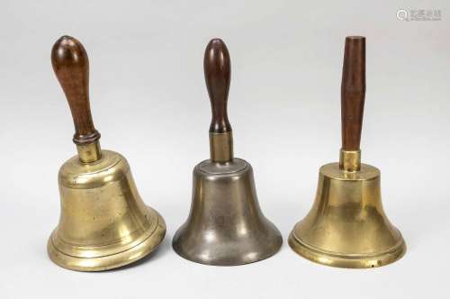 3 handbells, 19th c., brass/bronze