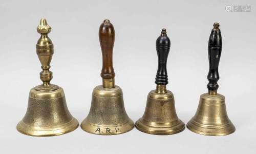 4 handbells, 19th c., brass/bronze,
