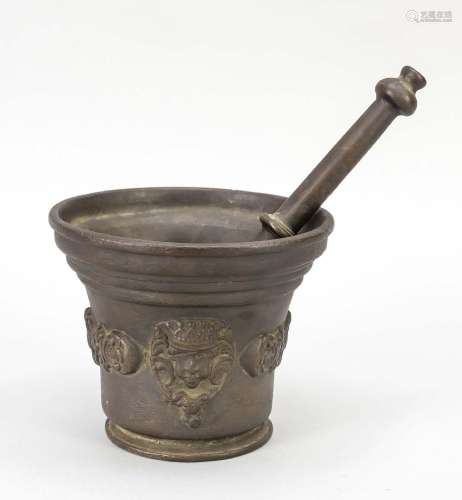Mortar with pestle, cast bronze, 19