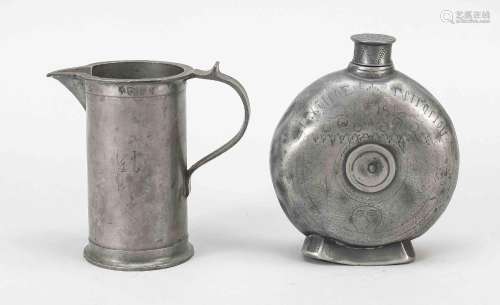 2 pewter containers, measuring jug