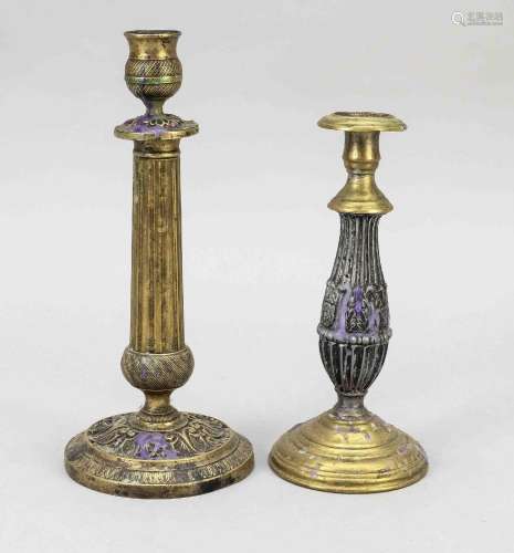 2 candlesticks, 19th c. Brass and p