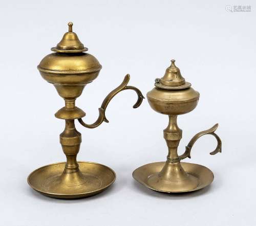 Two oil lamps around 1800, brass h.