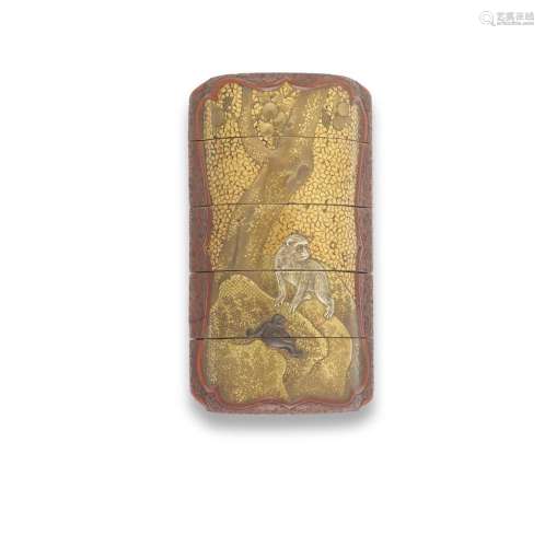 AN INLAID GOLD AND CARVED-RED-LACQUER FOUR-CASE INRO Edo per...