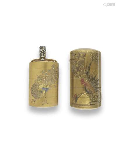 TWO GOLD-LACQUER INRO One by Josen(sai) and one by Hasensai,...