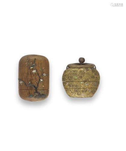 ONE GOLD-LACQUERED THREE-CASE INRO AND ONE INLAID WOOD THREE...