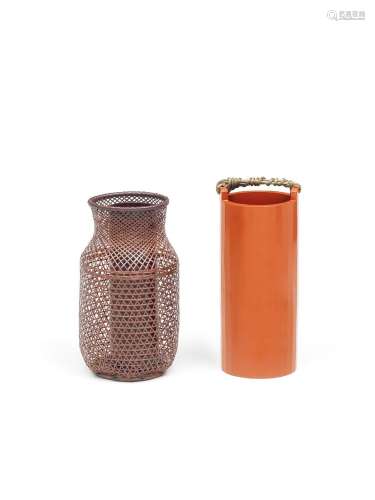 A LACQUERED FLOWER CONTAINER AND A BAMBOO FLOWER BASKET The ...