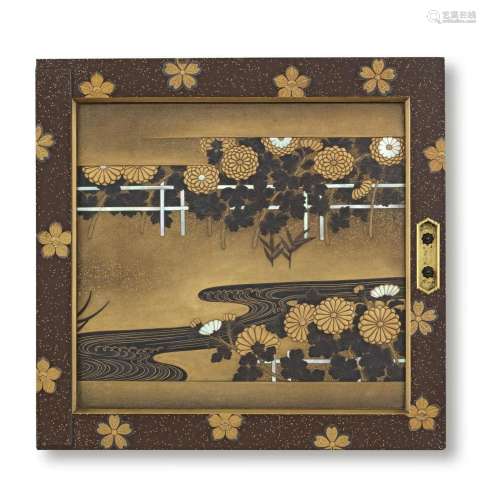 THREE LACQUERED-WOOD SQUARE PANELS AND A FRAMED NOH MASK Mei...