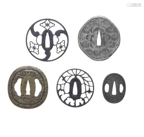 FIVE TSUBA (HAND GUARDS) Edo period (1615-1868), 17th to 19t...