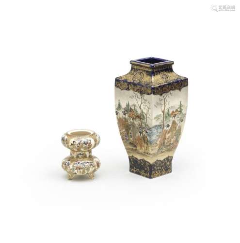 A SATSUMA SQUARE BALUSTER VASE AND A DOUBLE-GOURD VASE The f...