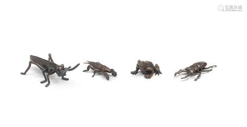 FOUR BRONZE MINIATURE ANIMAL OKIMONO (TABLE ORNAMENTS) Meiji...