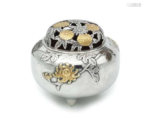 MASAYOSHI An Inlaid Silver Squat Koro (Incense Burner) Meiji...