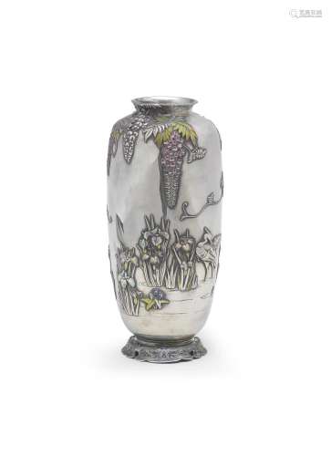 AN INLAID SILVER AND ENAMELLED BALUSTER VASE Meiji era (1868...