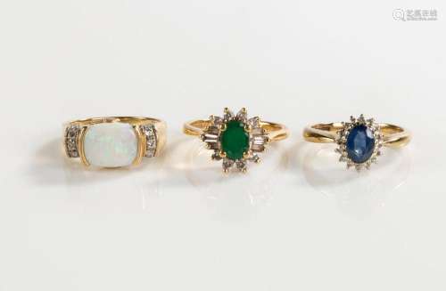 (3) Lady s 14K Gold, Diamond, Opal, Sapphire and Emerald Rin...