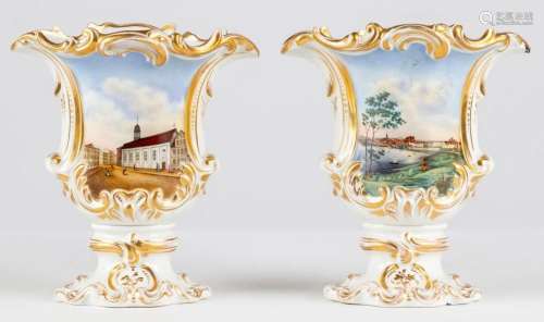Pair of German/Russian Porcelain Hand Painted and Gilded Vas...