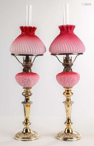 (2) 19th Century Pink Satin Peg Lamps