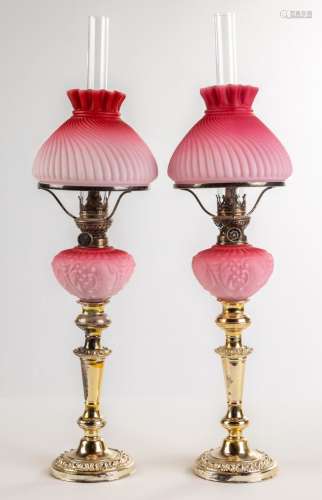 (2) 19th Century Pink Satin Peg Lamps