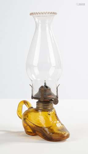 19th Century Amber Shoe Miniature Oil Lamp