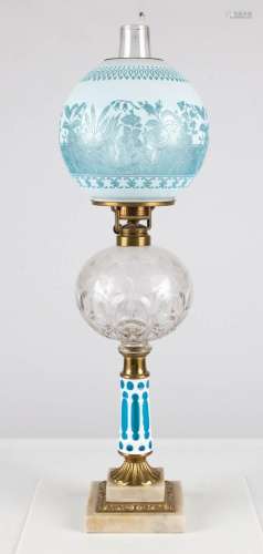 Notched Bulls Eye & Light Blue Overlay Oil Lamp with Ove...