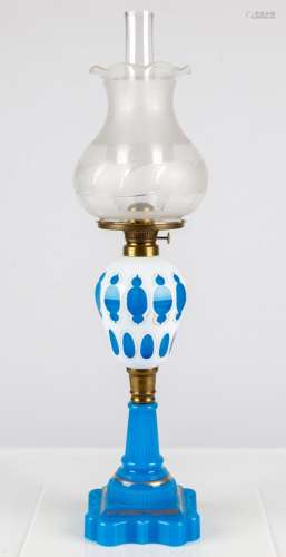 White Cut to Blue Overlay Oil Lamp