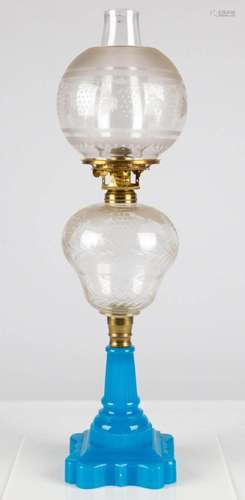 Clear and Blue Opaline Glass Oil Lamp