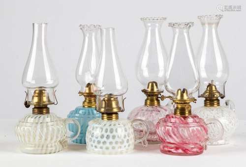 (6) Opalescent Swirl and Coin Spot Finger Oil Lamps