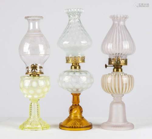 (3) Opalescent Coin Spot and Ribbed Oil Lamps
