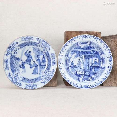 Two Chinese blue and white soup plates,