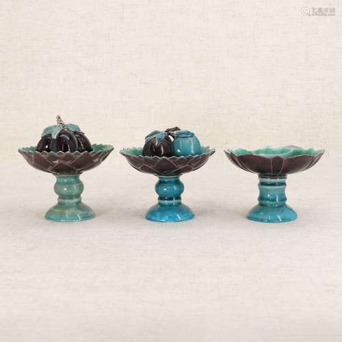 Three Chinese turquoise and aubergine-glazed stem cups,