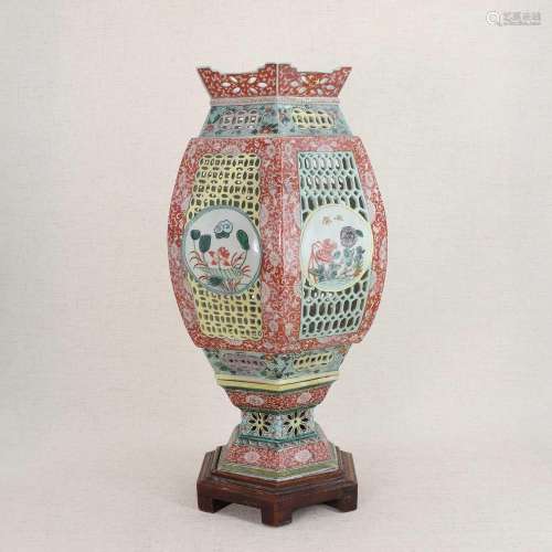 A Chinese famille verte lantern and stand,