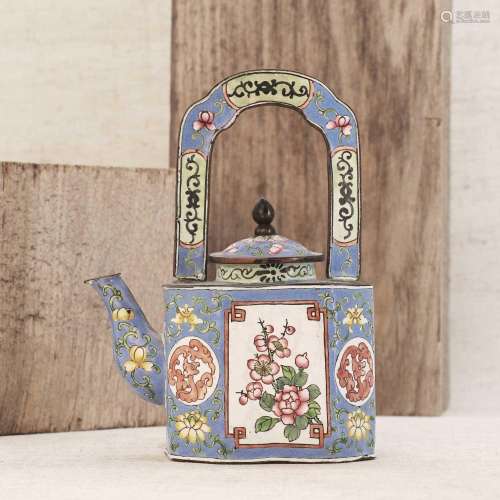 A Chinese Canton painted enamel teapot and cover,