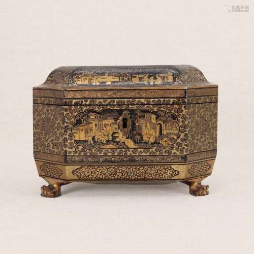 A Chinese export gilt-lacquered tea caddy,