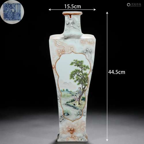A Chinese Famille Rose Landscape Square Vase