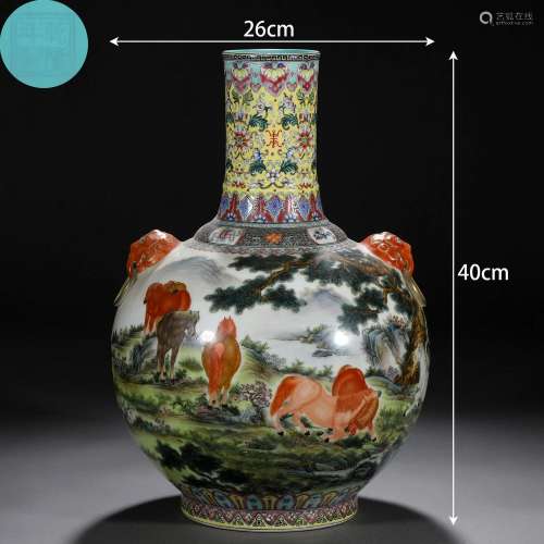 A Chinese Falangcai and Gilt Horses Globular Vase