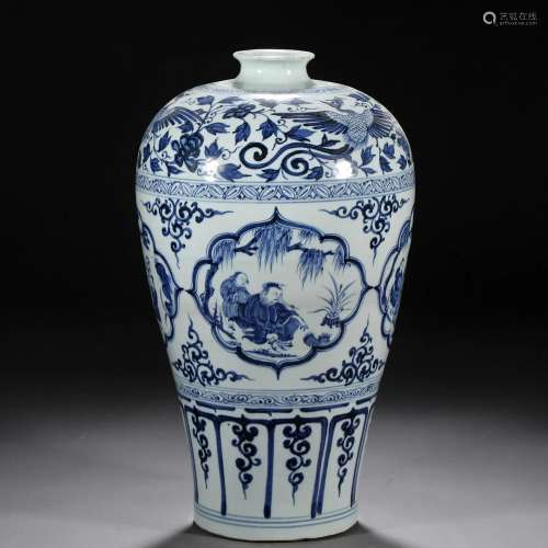 A Chinese Blue and White Figural Story Vase Meiping