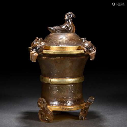 A Chinese Bronze-gilt Mounted Carved Smoky Quartz Censer