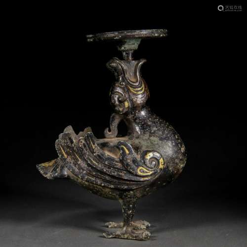 A Chinese Gold and Silver Inlaid Lamp Holder