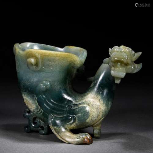 A Chinese Carved Jade Vessel with Beast Handles