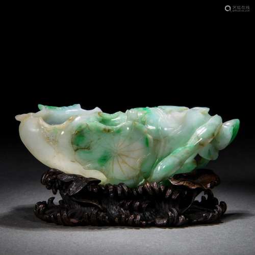 A Chinese Carved Jadeite Lotus Leaf Shaped Washer