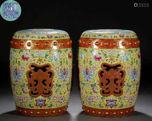 A Chinese Famille Rose and Gilt Garden Stools