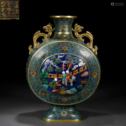 A Chinese Hardstones Inlaid Cloisonne Enamel Vase Bianhu
