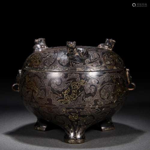 A Chinese Silver and Gold Inlaid Censer with Cover