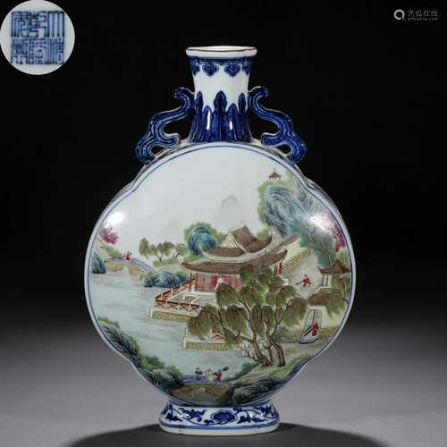 A Chinese Famille Rose Landscape Moon Flask