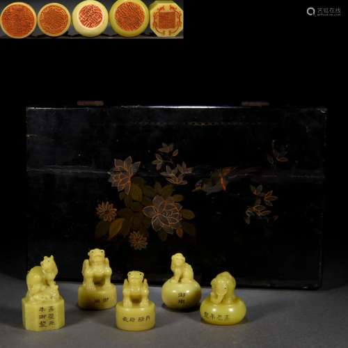 A Group of Five Chinese Carved Soapstone Seals