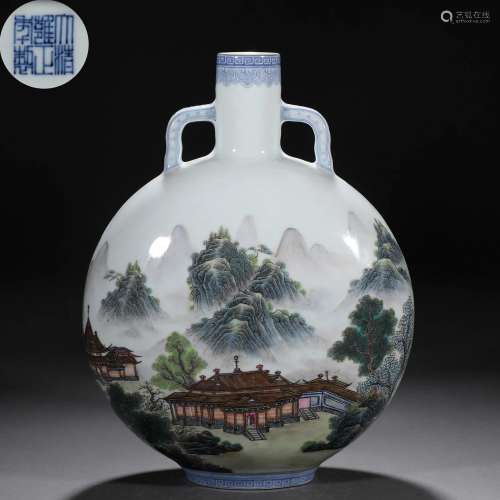 A Chinese Famille Rose Landscape Moon Flask