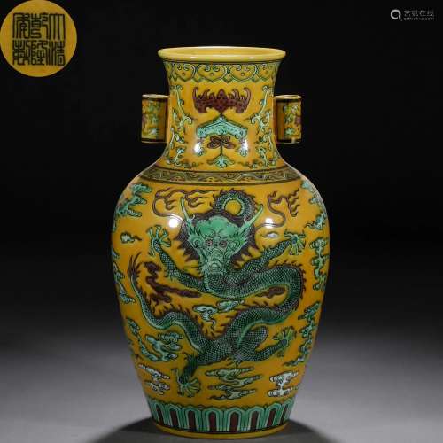 A Chinese Famille Verte Biscuit Dragon Vase