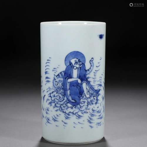 A Chinese Blue and White Luohan with Tiger Brushpot