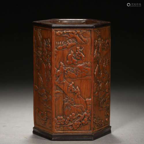 A Chinese Carved Bamboo Hexagonal Brushpot