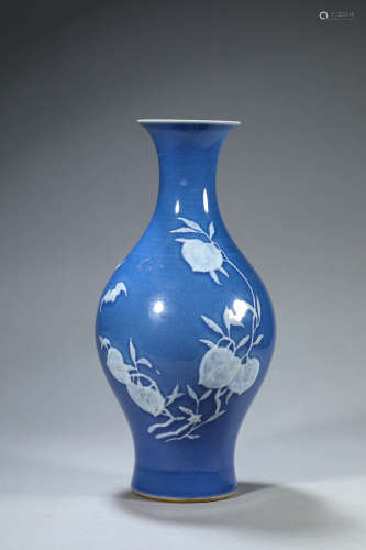 藍釉浮雕福壽橄欖瓶