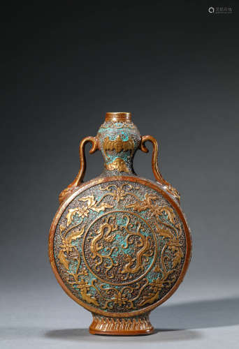 古銅彩描金雕刻纏枝蝠龍雙耳抱月瓶