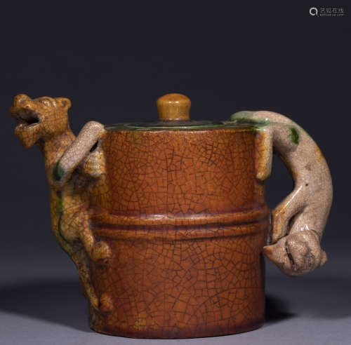 中國古代 螭虎耳 三彩壺